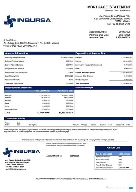 Download Mexico Banco Inbursa mortgage statement Word and PDF template Photoshop template
